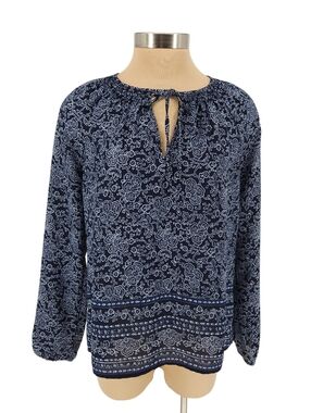 GAP Shirt Navy Blue Floral Long Sleeve Keyhole Neck Popover Peasant Top Small